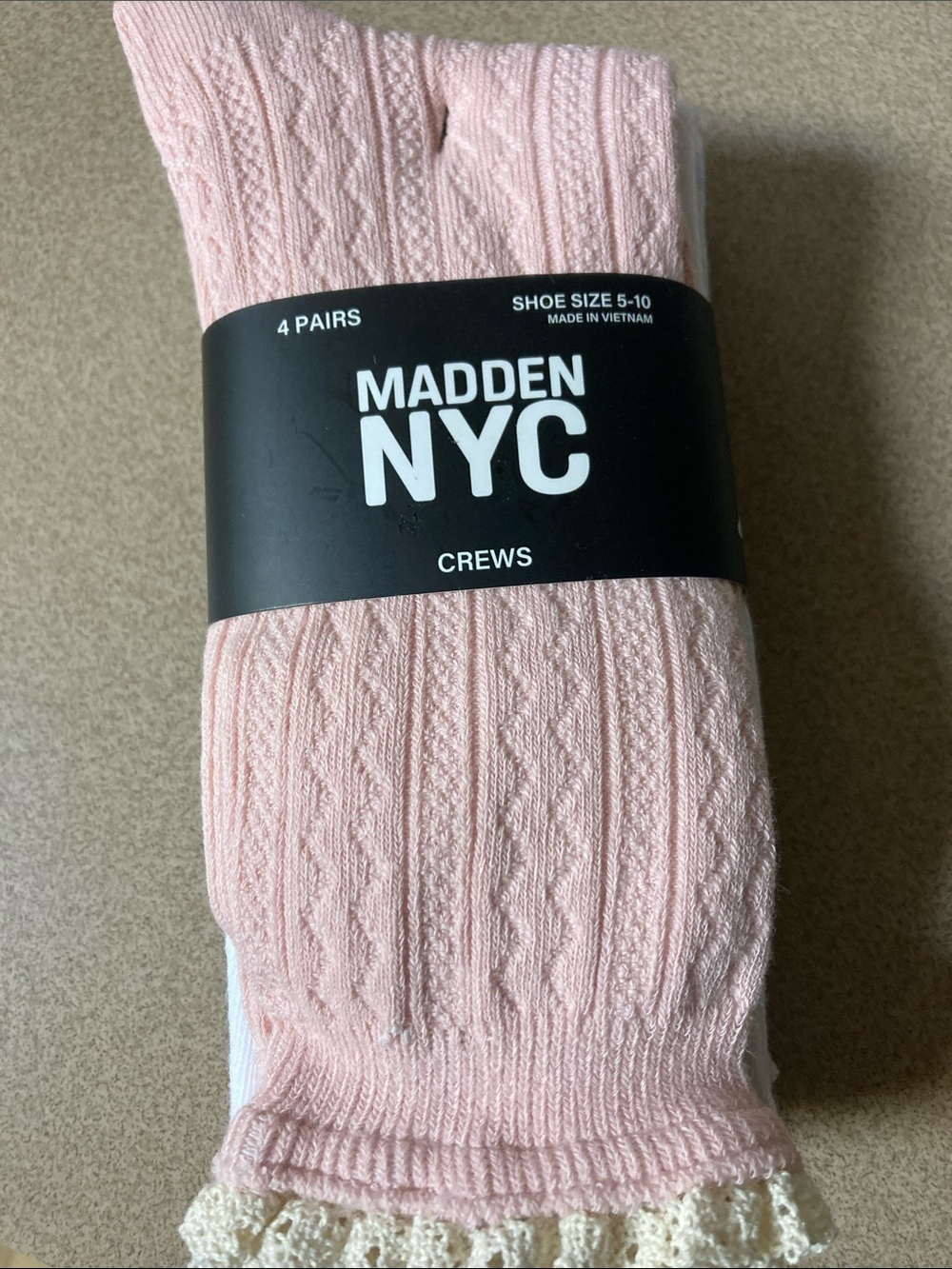 Madden NYC Women's Light Pink gray and white Crew Socks with Lace Trim - 4 Pack